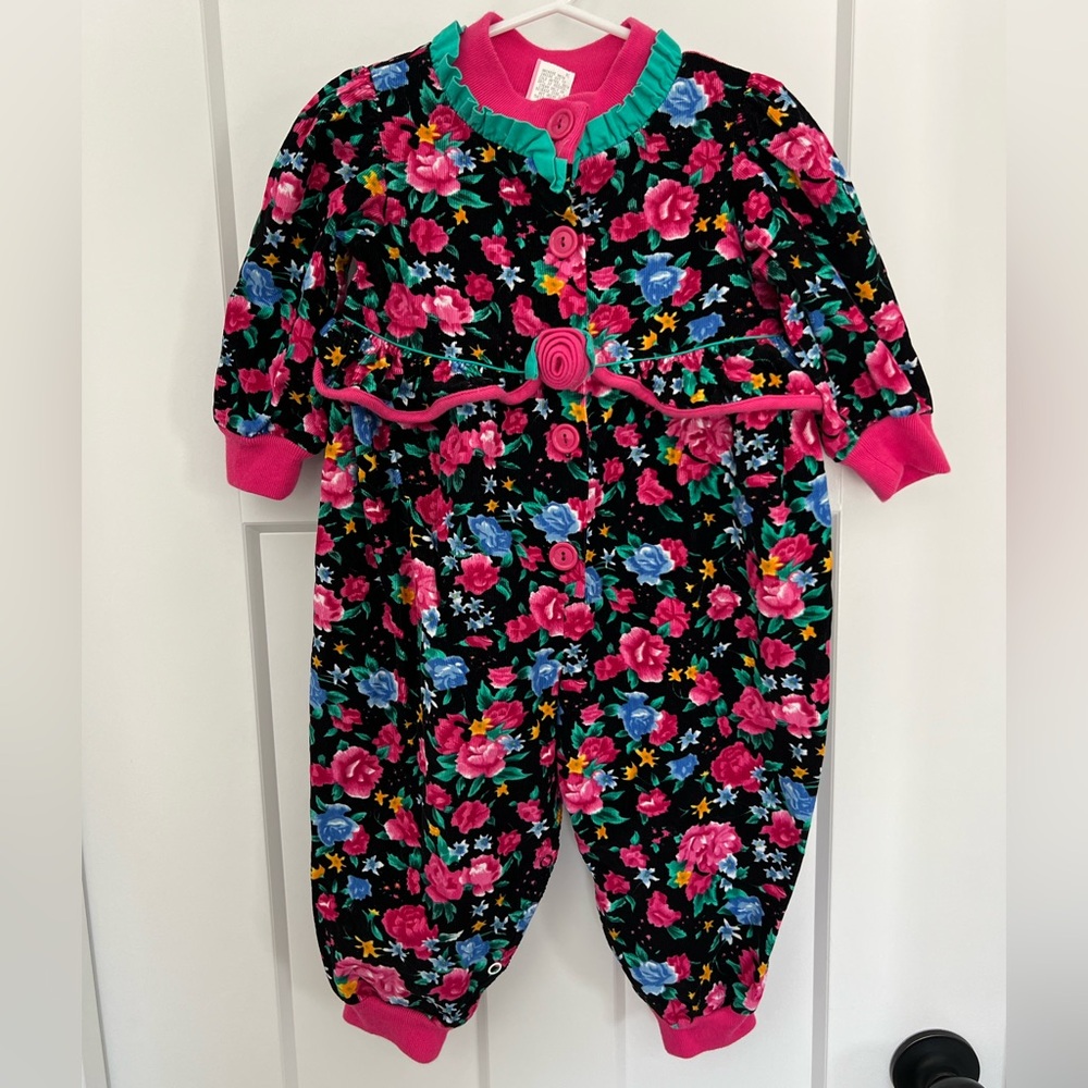 Vintage: Floral Pink & Black Baby One-Piece Cord Romper: Size 24 months